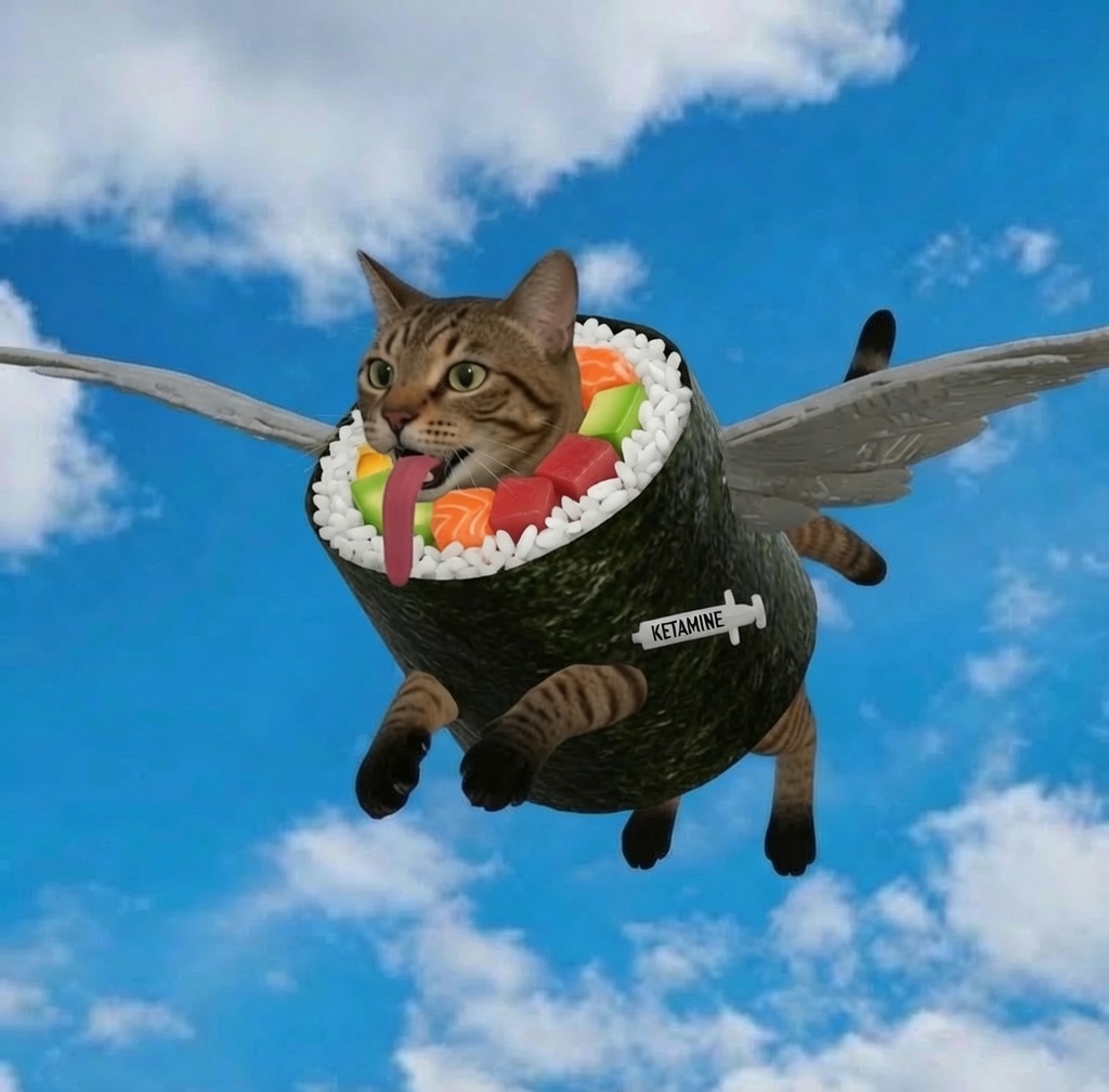 Flying Ketamine Sushi Cat soaring through a blue sky